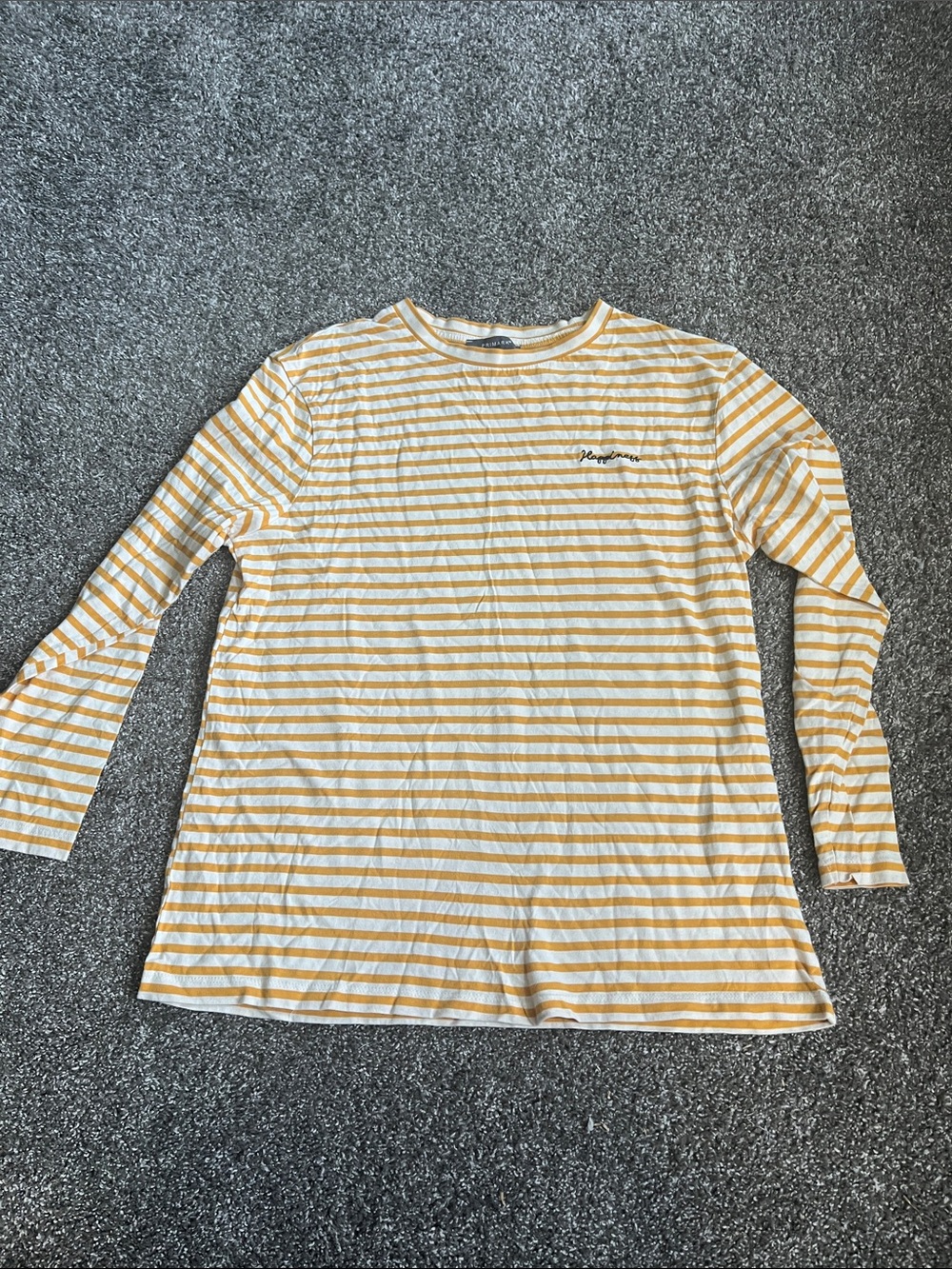 Primark Men's Yellow & White Striped Long Sleeve Tee with Script Chest